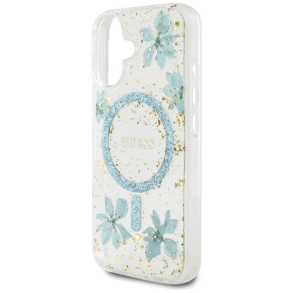 MagSafe-kotelo Apple iPhone 16:lle, Guess, Resin Flowers and Glitter, Turkoosi