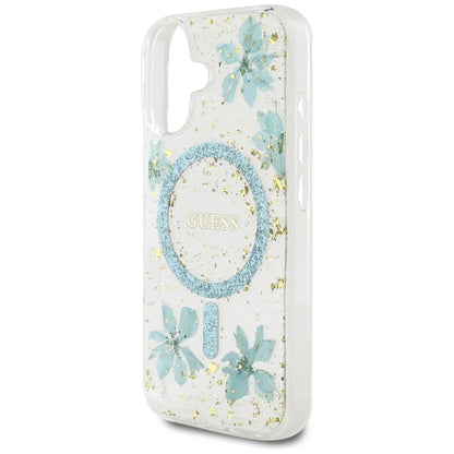 MagSafe-kotelo Apple iPhone 16:lle, Guess, Resin Flowers and Glitter, Turkoosi