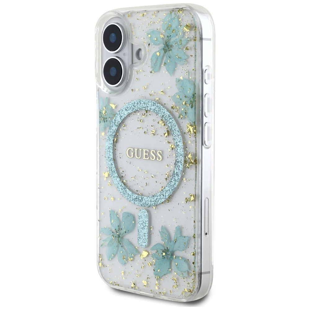 MagSafe-kotelo Apple iPhone 16:lle, Guess, Resin Flowers and Glitter, Turkoosi