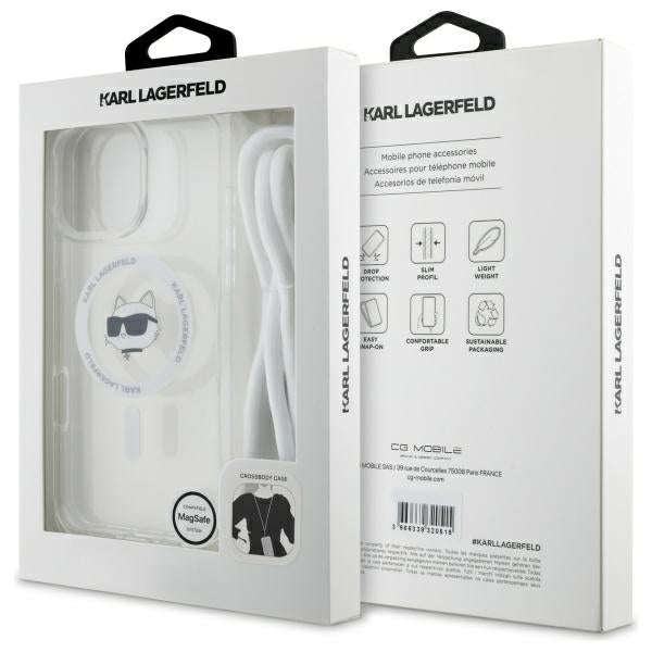 MagSafe Case for Apple iPhone 16, Karl Lagerfeld, IML Crossbody Choupette's Head with Strap, Transparent