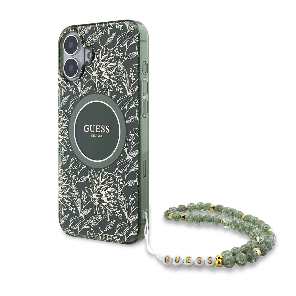 MagSafe-kotelo Apple iPhone 16 Plus -puhelimelle, Guess, IML Flowers Allover Electroplated with Pearl Strap, Vihreä
