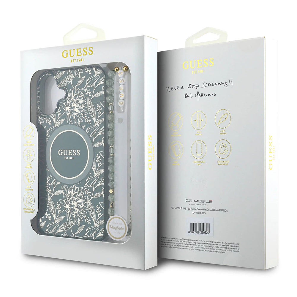 MagSafe-kotelo Apple iPhone 16 Plus -puhelimelle, Guess, IML Flowers Allover Electroplated with Pearl Strap, Vihreä