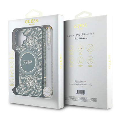 MagSafe-kotelo Apple iPhone 16 Plus -puhelimelle, Guess, IML Flowers Allover Electroplated with Pearl Strap, Vihreä