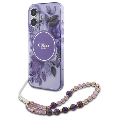 MagSafe-kotelo Apple iPhone 16 Plus -puhelimelle, Guess, IML Flowers with Pearl Strap, Liila