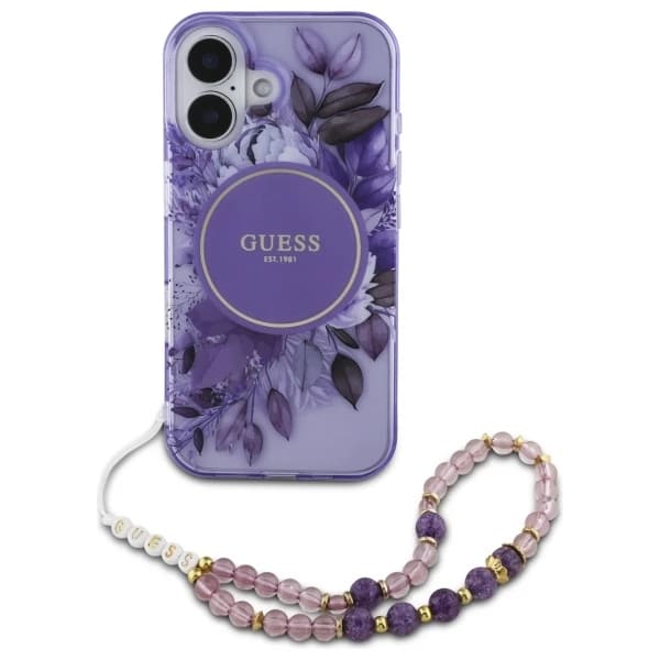 MagSafe-kotelo Apple iPhone 16 Plus -puhelimelle, Guess, IML Flowers with Pearl Strap, Liila