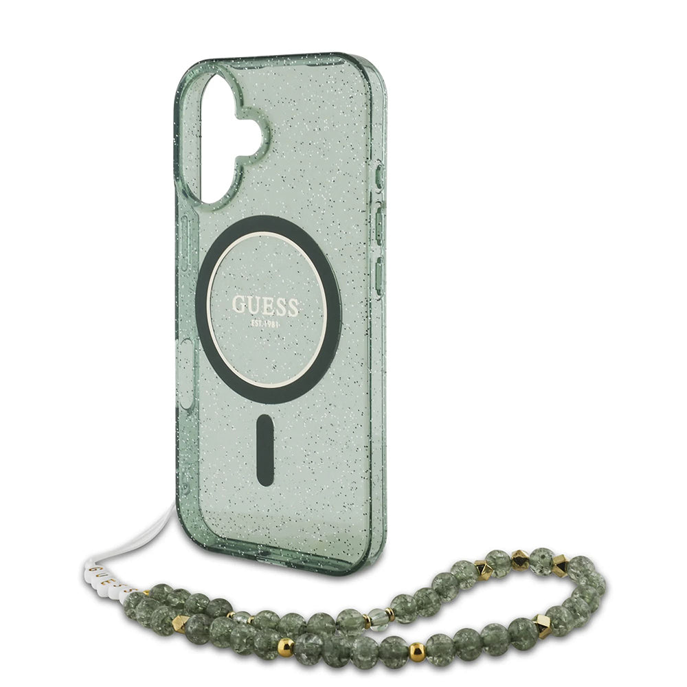 MagSafe-kotelo Apple iPhone 16 Plus -puhelimelle, Guess, IML Glitter with Pearl Strap, Vihreä