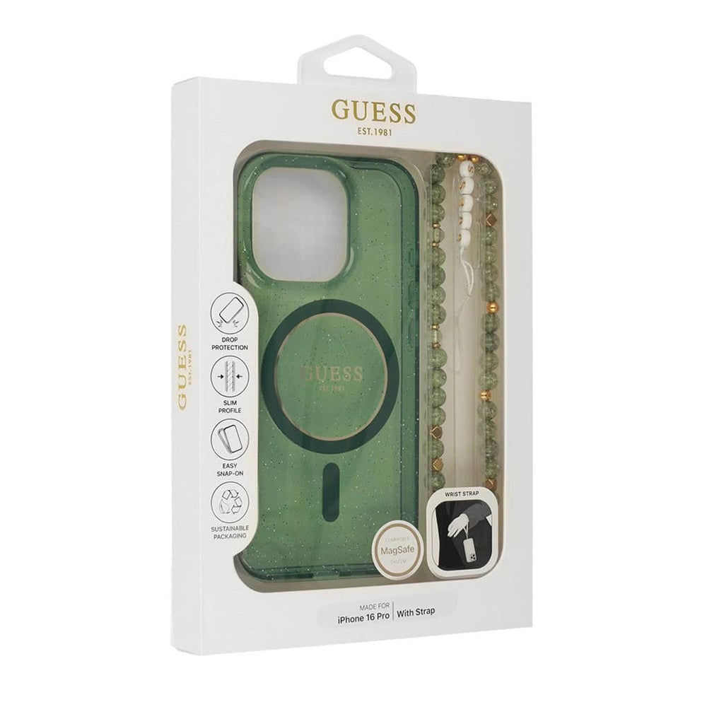 MagSafe-kotelo Apple iPhone 16 Plus -puhelimelle, Guess, IML Glitter with Pearl Strap, Vihreä
