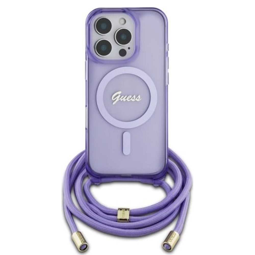 MagSafe-kotelo Apple iPhone 16 Prolle, Guess, IML Crossbody Cord Script, Violetti