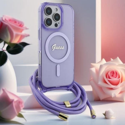 MagSafe-kotelo Apple iPhone 16 Prolle, Guess, IML Crossbody Cord Script, Violetti