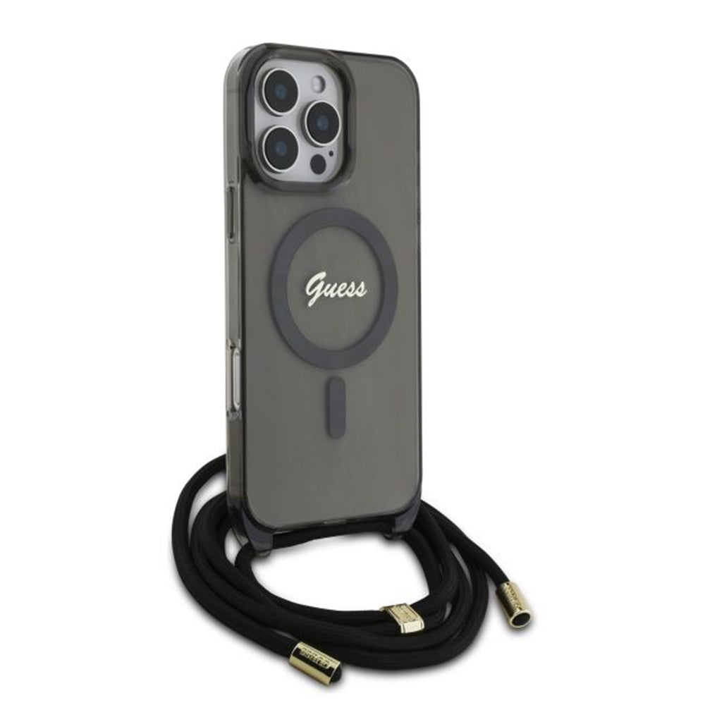 MagSafe-kotelo Apple iPhone 16 Prolle, Guess, IML Crossbody Cord Script, Musta