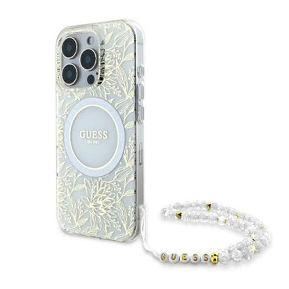 MagSafe-kotelo Apple iPhone 16 Prolle, Guess, IML Flowers Allover Electroplated with Pearl Strap, Valkoinen