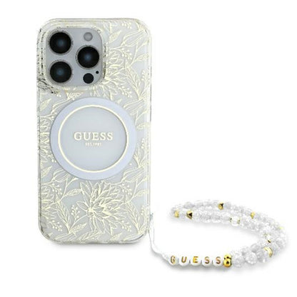 MagSafe-kotelo Apple iPhone 16 Prolle, Guess, IML Flowers Allover Electroplated with Pearl Strap, Valkoinen