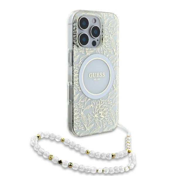MagSafe-kotelo Apple iPhone 16 Prolle, Guess, IML Flowers Allover Electroplated with Pearl Strap, Valkoinen