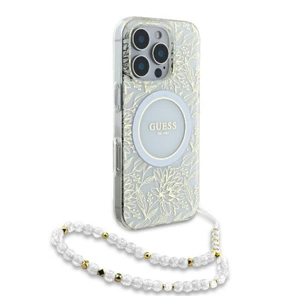 MagSafe-kotelo Apple iPhone 16 Prolle, Guess, IML Flowers Allover Electroplated with Pearl Strap, Valkoinen