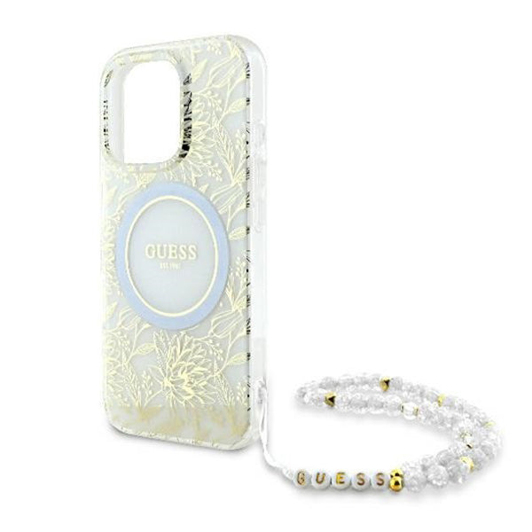 MagSafe-kotelo Apple iPhone 16 Prolle, Guess, IML Flowers Allover Electroplated with Pearl Strap, Valkoinen