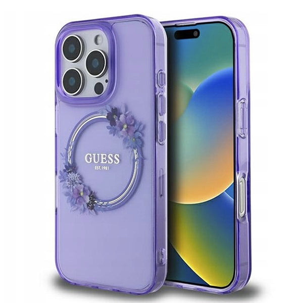 MagSafe-kotelo Apple iPhone 16 Prolle, Guess, IML Flowers Wreath, Violetti