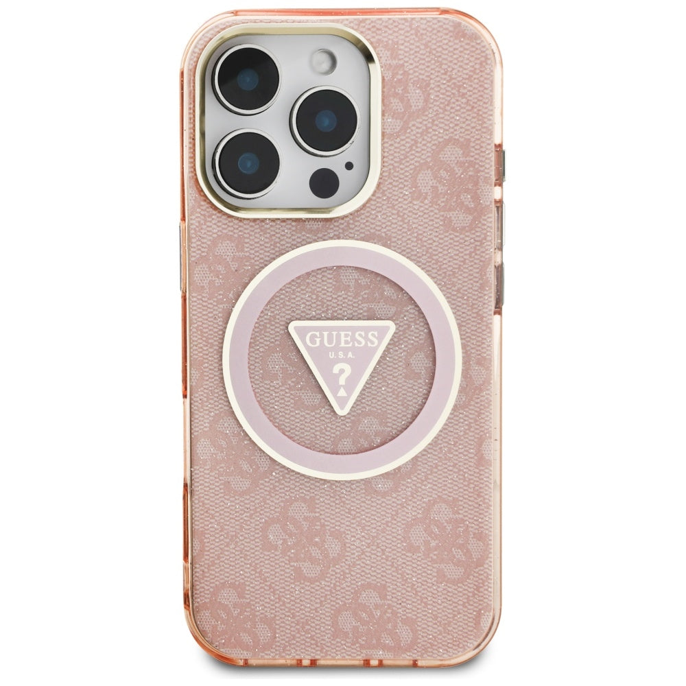 MagSafe-kotelo Apple iPhone 16 Prolle, Guess, IML Glitter 4G Circle Triangle, Pinkki