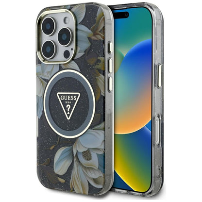 MagSafe-kotelo Apple iPhone 16 Prolle, Guess, IML Metal Glitter Flowers Triangle, Musta