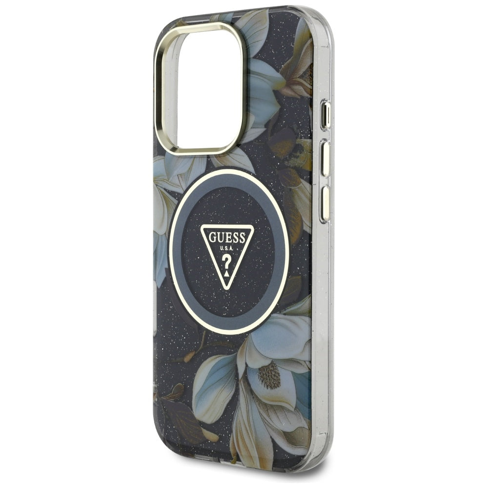 MagSafe-kotelo Apple iPhone 16 Prolle, Guess, IML Metal Glitter Flowers Triangle, Musta