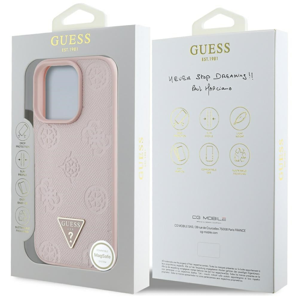 MagSafe-kotelo Apple iPhone 16 Prolle, Guess, Peony Grained Hot Stamp Triangle, Pinkki