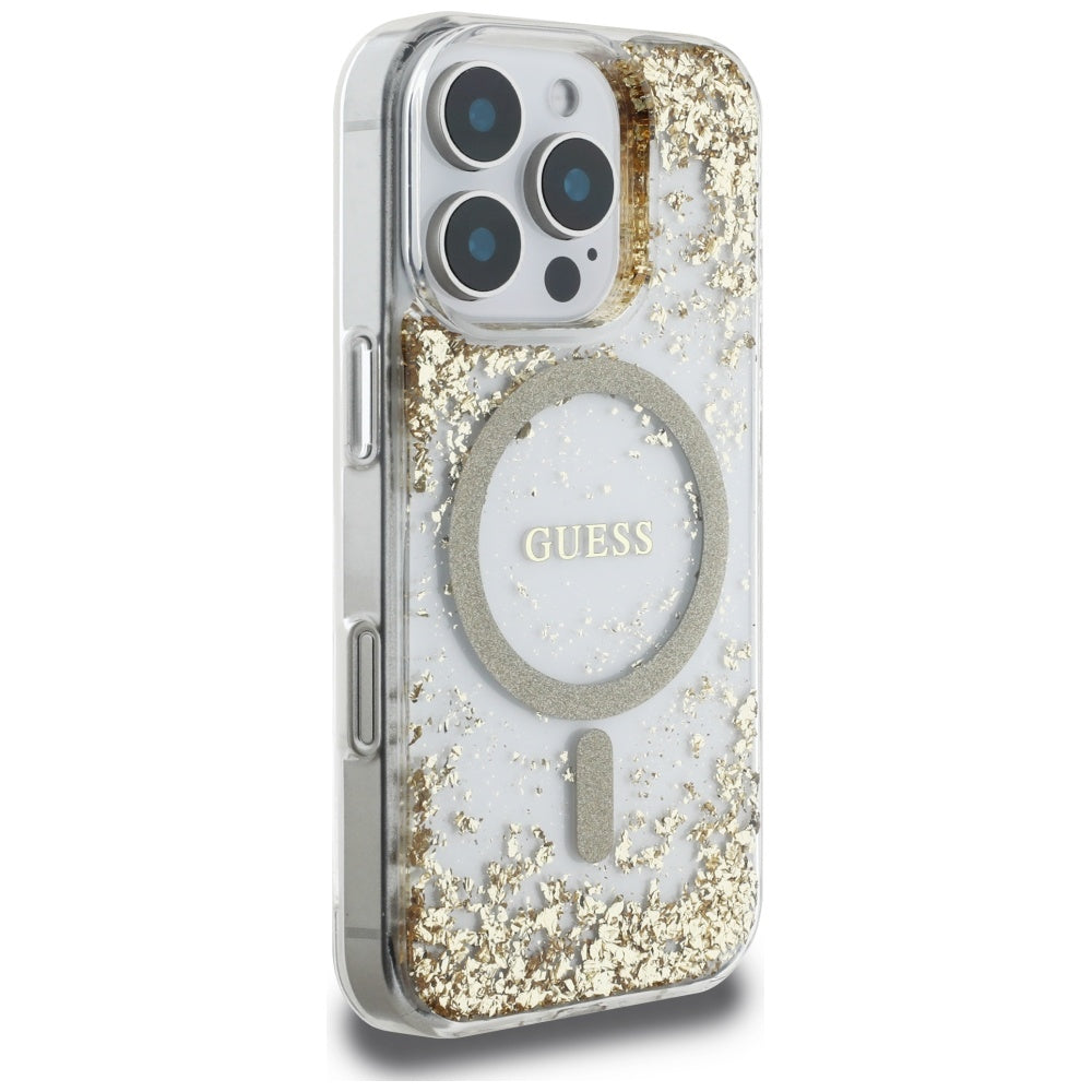 MagSafe-kotelo Apple iPhone 16 Prolle, Guess, Resin Bottom Glitter, Kultainen