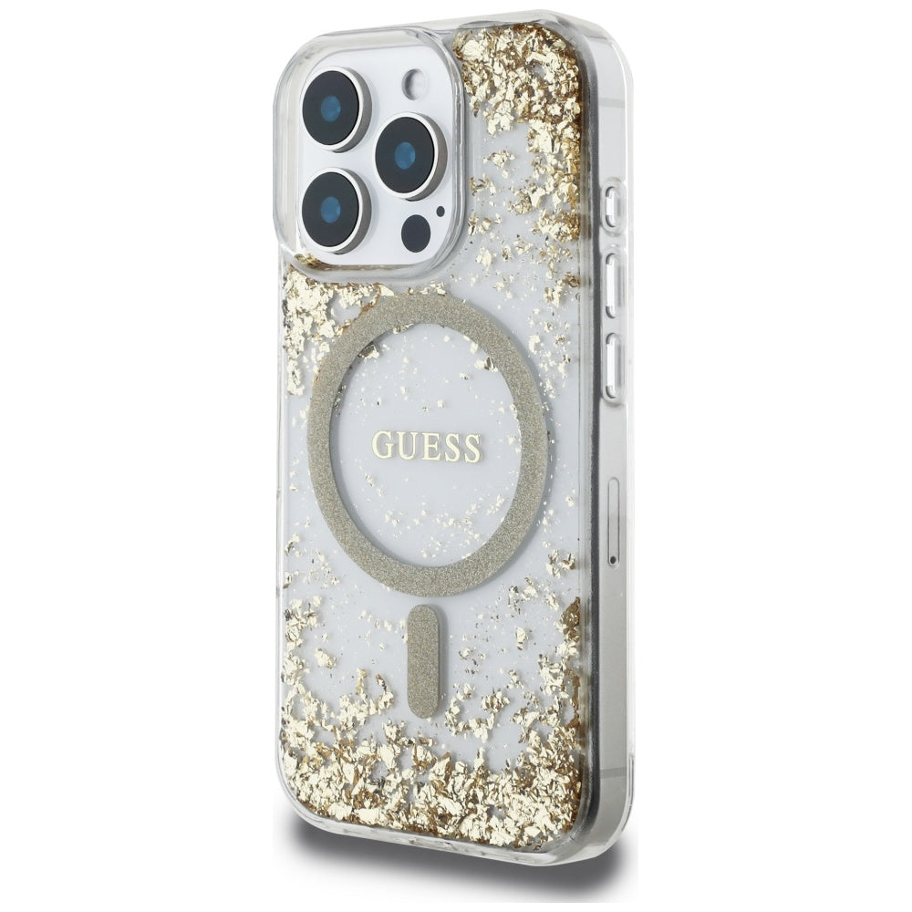 MagSafe-kotelo Apple iPhone 16 Prolle, Guess, Resin Bottom Glitter, Kultainen