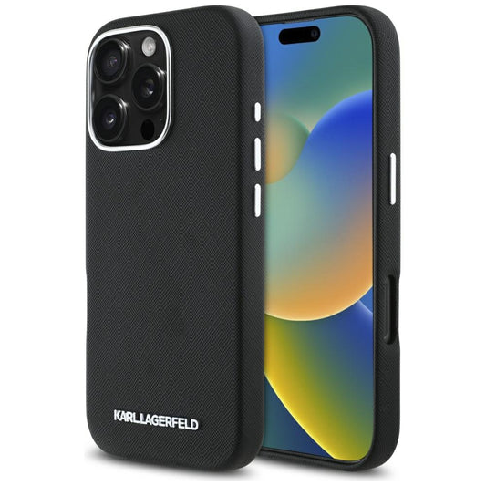MagSafe-kotelo Apple iPhone 16 Prolle, Karl Lagerfeld, Saffiano Full Wrapped Elongated Metal Logo, Musta