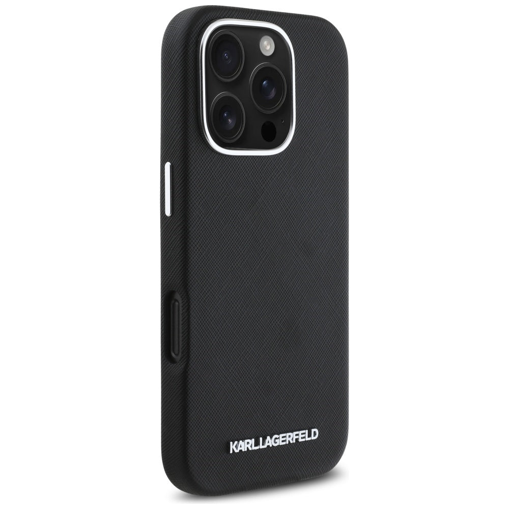 MagSafe-kotelo Apple iPhone 16 Prolle, Karl Lagerfeld, Saffiano Full Wrapped Elongated Metal Logo, Musta