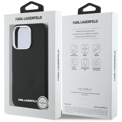 MagSafe-kotelo Apple iPhone 16 Prolle, Karl Lagerfeld, Saffiano Full Wrapped Elongated Metal Logo, Musta
