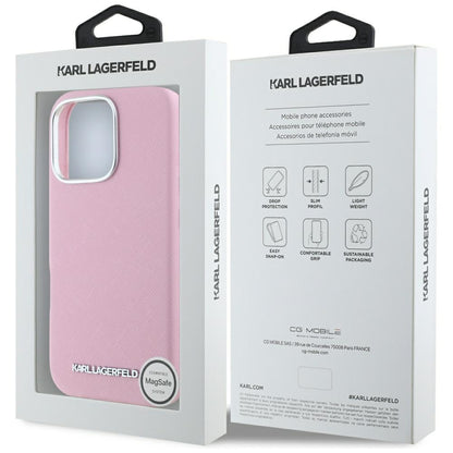 MagSafe-kotelo Apple iPhone 16 Prolle, Karl Lagerfeld, Saffiano Full Wrapped Elongated Metal Logo, Pinkki