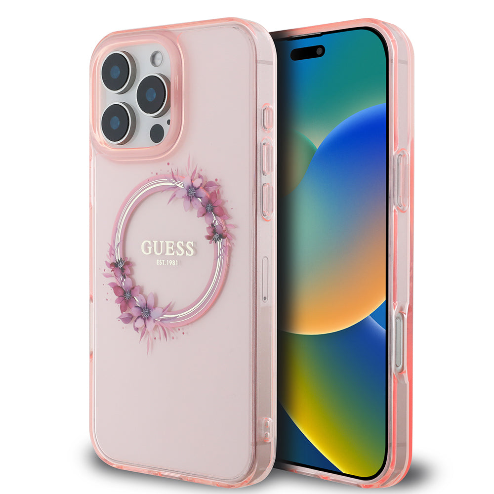 MagSafe-kotelo Apple iPhone 16 Pro Maxille, Guess, IML Flowers Wreath, Pinkki