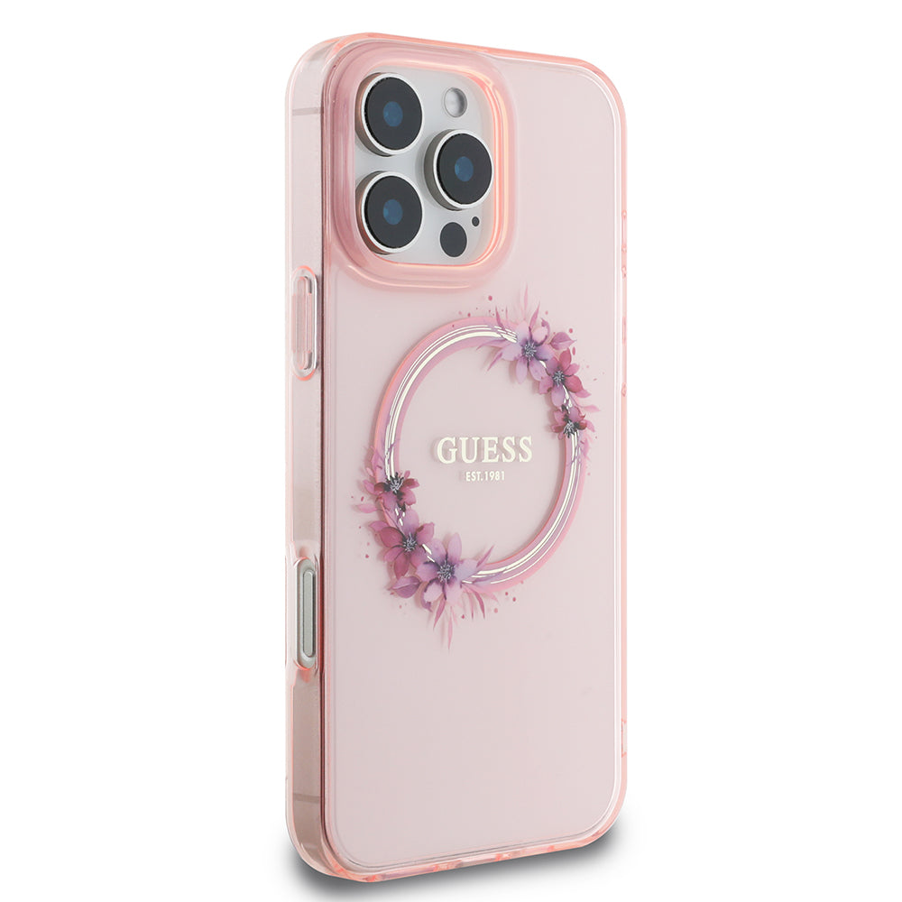 MagSafe-kotelo Apple iPhone 16 Pro Maxille, Guess, IML Flowers Wreath, Pinkki