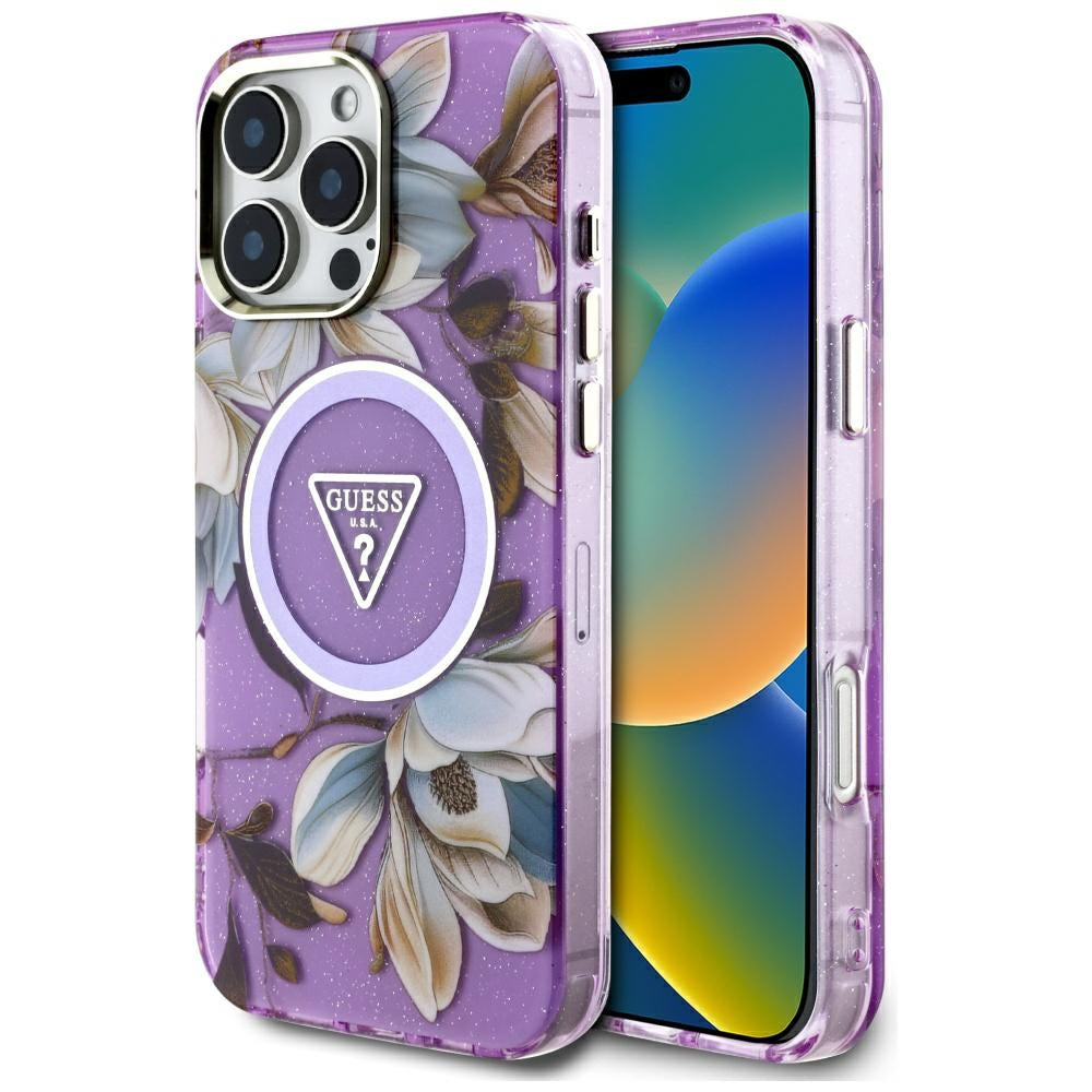MagSafe-kotelo Apple iPhone 16 Pro Maxille, Guess, IML Metal Glitter Flowers Triangle, Violetti