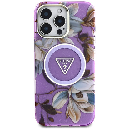 MagSafe-kotelo Apple iPhone 16 Pro Maxille, Guess, IML Metal Glitter Flowers Triangle, Violetti