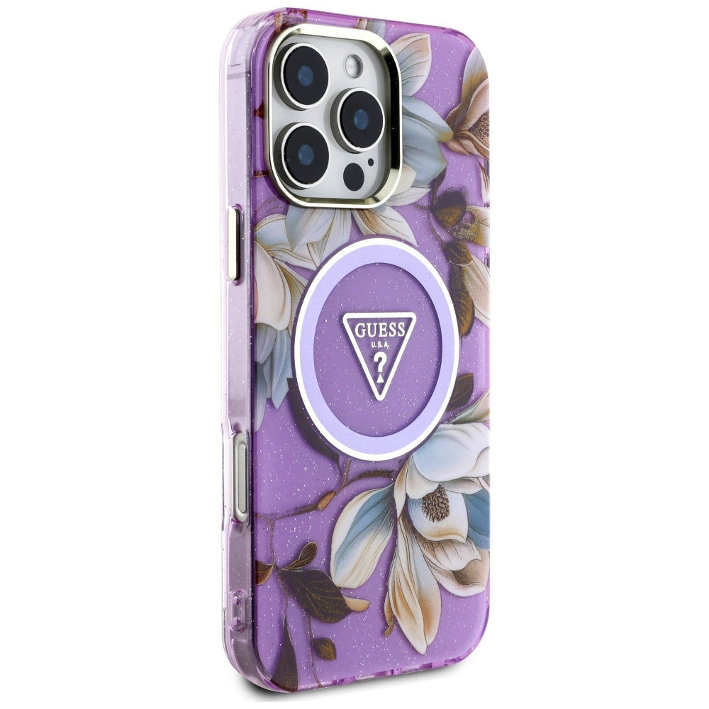 MagSafe-kotelo Apple iPhone 16 Pro Maxille, Guess, IML Metal Glitter Flowers Triangle, Violetti