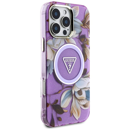 MagSafe-kotelo Apple iPhone 16 Pro Maxille, Guess, IML Metal Glitter Flowers Triangle, Violetti