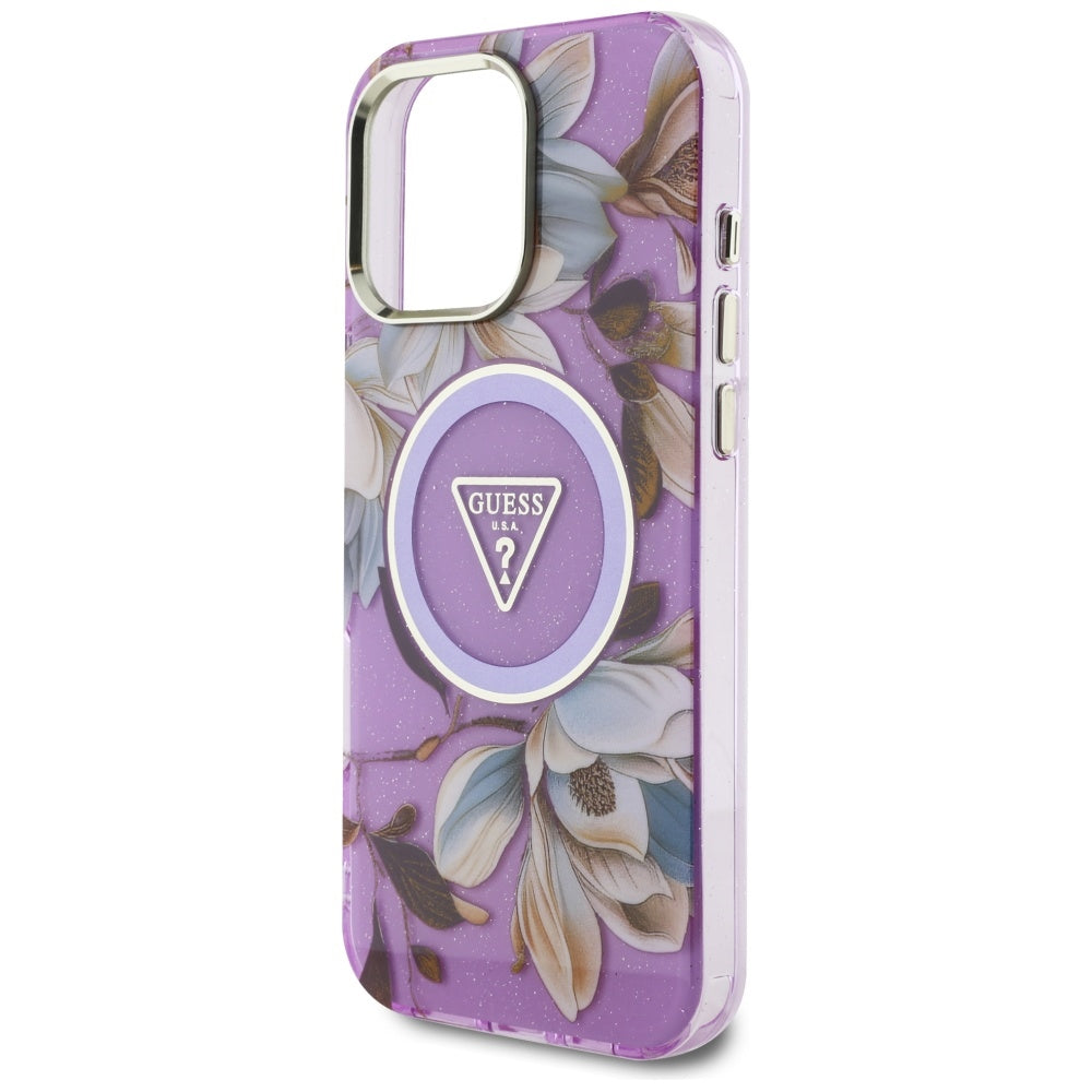 MagSafe-kotelo Apple iPhone 16 Pro Maxille, Guess, IML Metal Glitter Flowers Triangle, Violetti