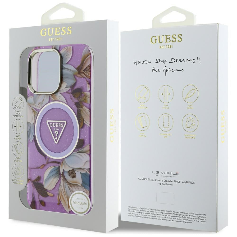 MagSafe-kotelo Apple iPhone 16 Pro Maxille, Guess, IML Metal Glitter Flowers Triangle, Violetti