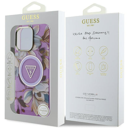 MagSafe-kotelo Apple iPhone 16 Pro Maxille, Guess, IML Metal Glitter Flowers Triangle, Violetti