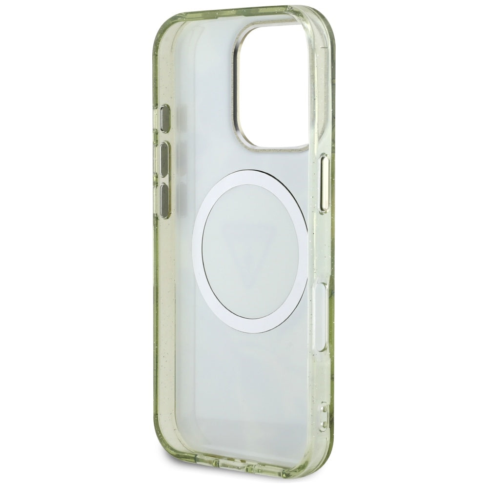 MagSafe-kotelo Apple iPhone 16 Pro Maxille, Guess, IML Metal Glitter Flowers Triangle, Vihreä