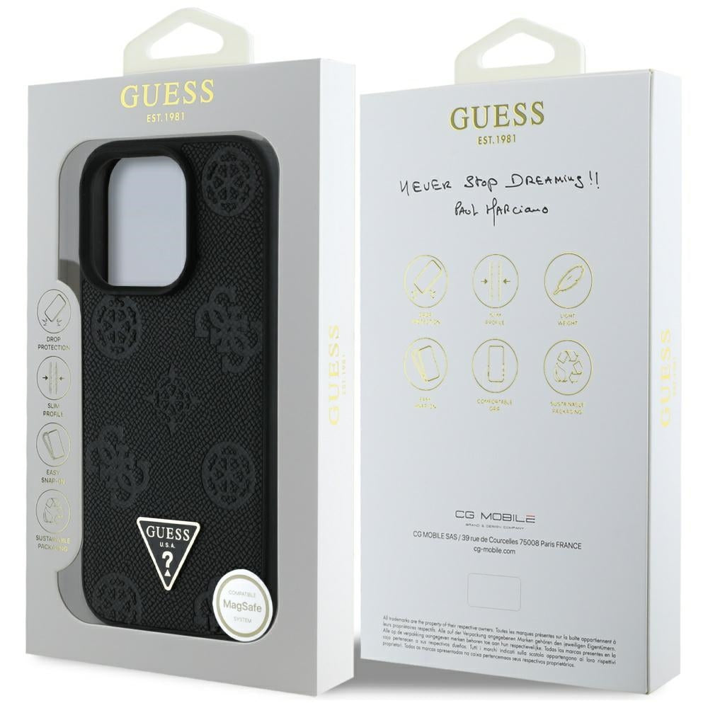 MagSafe-kotelo Apple iPhone 16 Pro Maxille, Guess, Peony Grained Hot Stamp Triangle, Musta