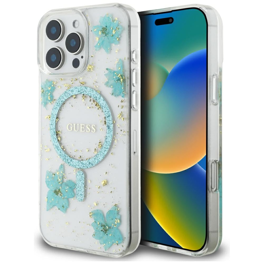 MagSafe Case for Apple iPhone 16 Pro Max, Guess, Resin Flowers and Glitter, Turquoise