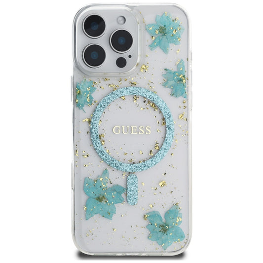 MagSafe-kotelo Apple iPhone 16 Pro Maxille, Guess, Resin Flowers and Glitter, Turkoosi