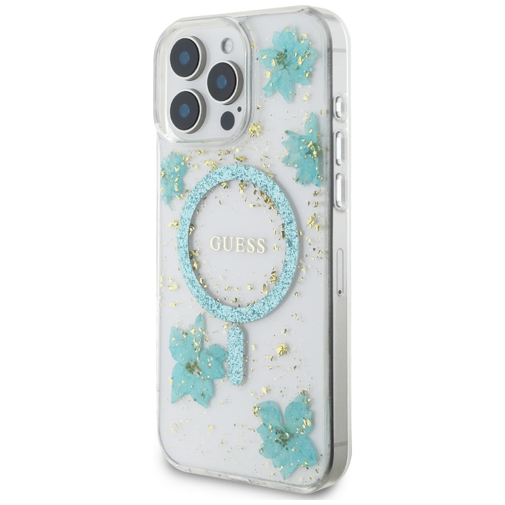 MagSafe Case for Apple iPhone 16 Pro Max, Guess, Resin Flowers and Glitter, Turquoise