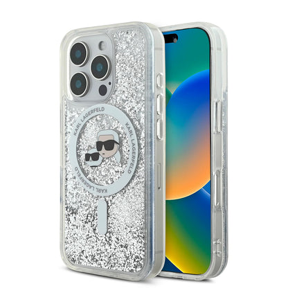 MagSafe-kotelo Apple iPhone 16 Pro Maxille, Karl Lagerfeld, Liquid Glitter Karl & Choupette's Heads, Läpinäkyvä