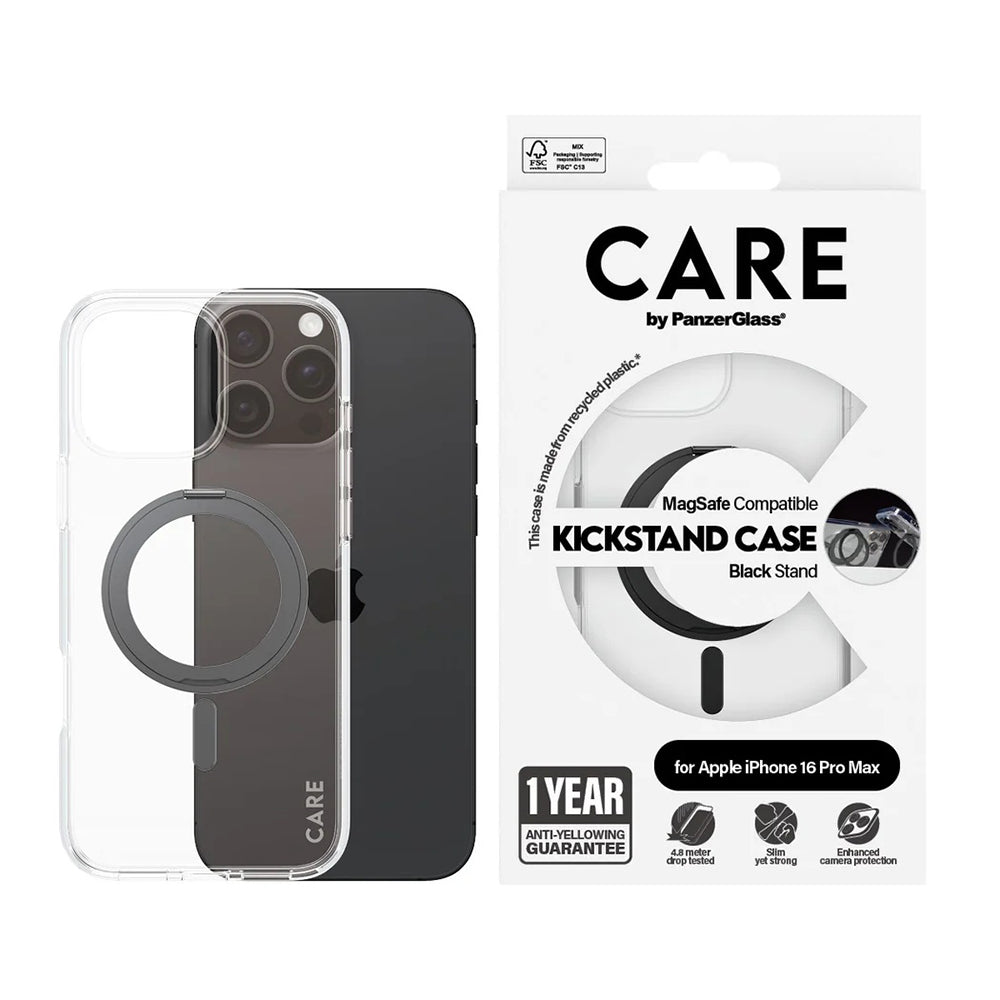 MagSafe-kotelo Apple iPhone 16 Pro Maxille, PanzerGlass, Care Feature Kickstand, Musta Läpinäkyvä