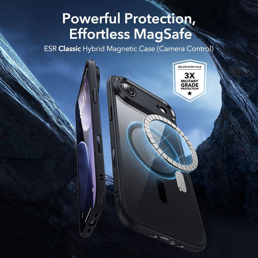 MagSafe-kotelo Apple iPhone 17 Airille, ESR, Classic Hybrid näytönsuojalla, läpinäkyvä musta
