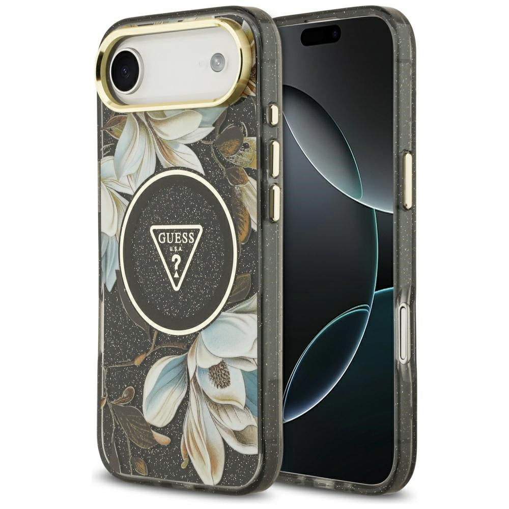 MagSafe-kotelo Apple iPhone 17 Airille, Guess, IML Metal Glitter Flowers Triangle, Musta