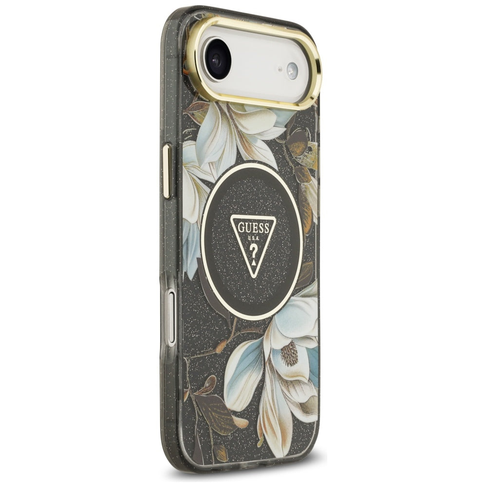 MagSafe-kotelo Apple iPhone 17 Airille, Guess, IML Metal Glitter Flowers Triangle, Musta