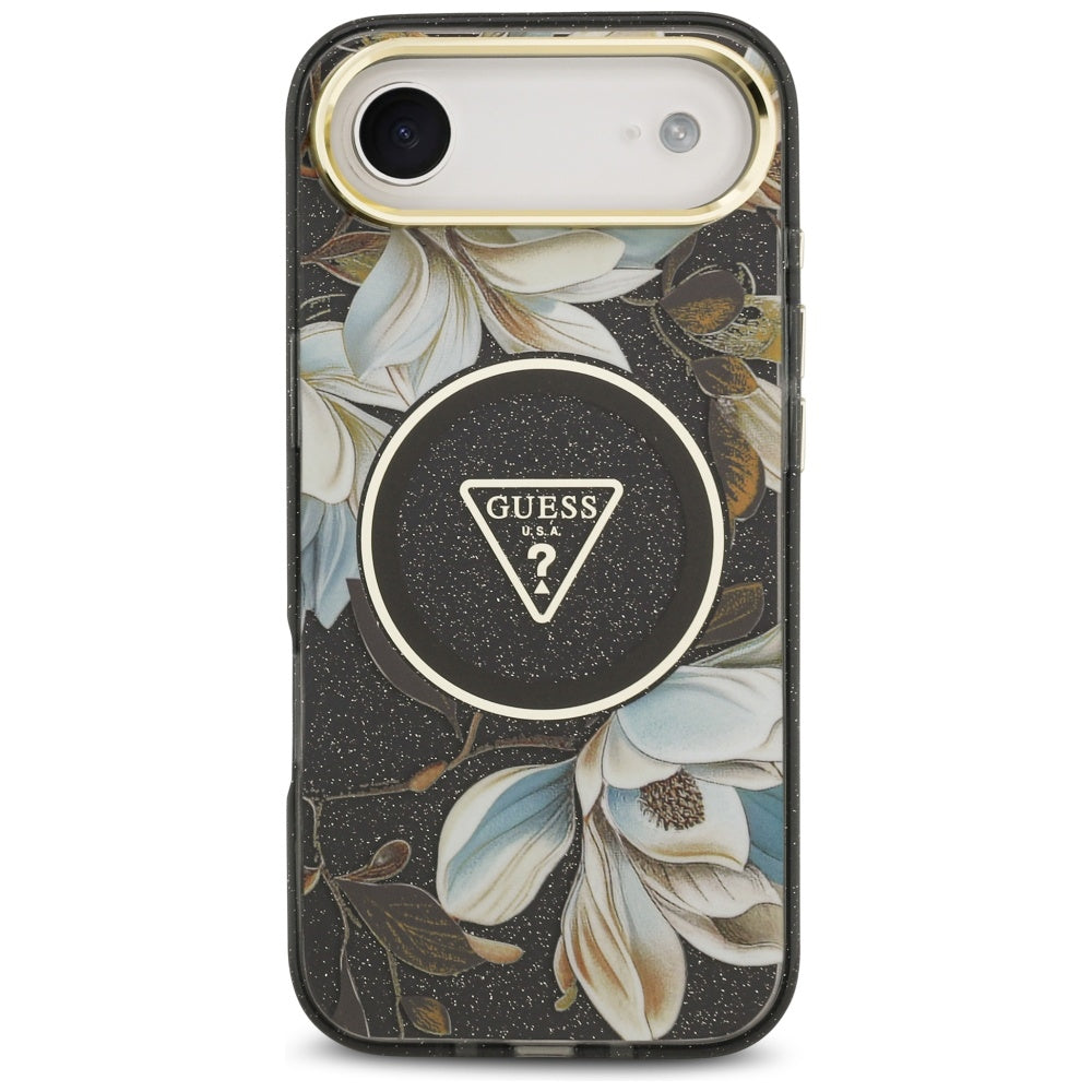 MagSafe-kotelo Apple iPhone 17 Airille, Guess, IML Metal Glitter Flowers Triangle, Musta